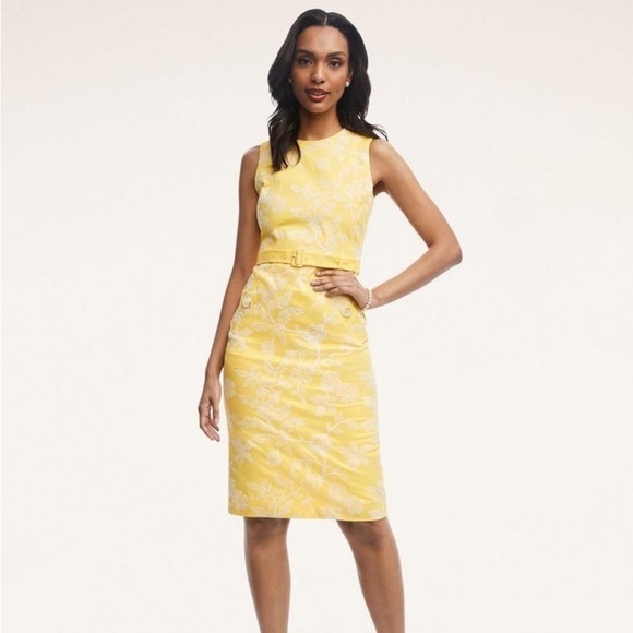 Brooks Brothers Yellow White Stretch Cotton Floral Embroidered Sheath Dress - Picture 1 of 12